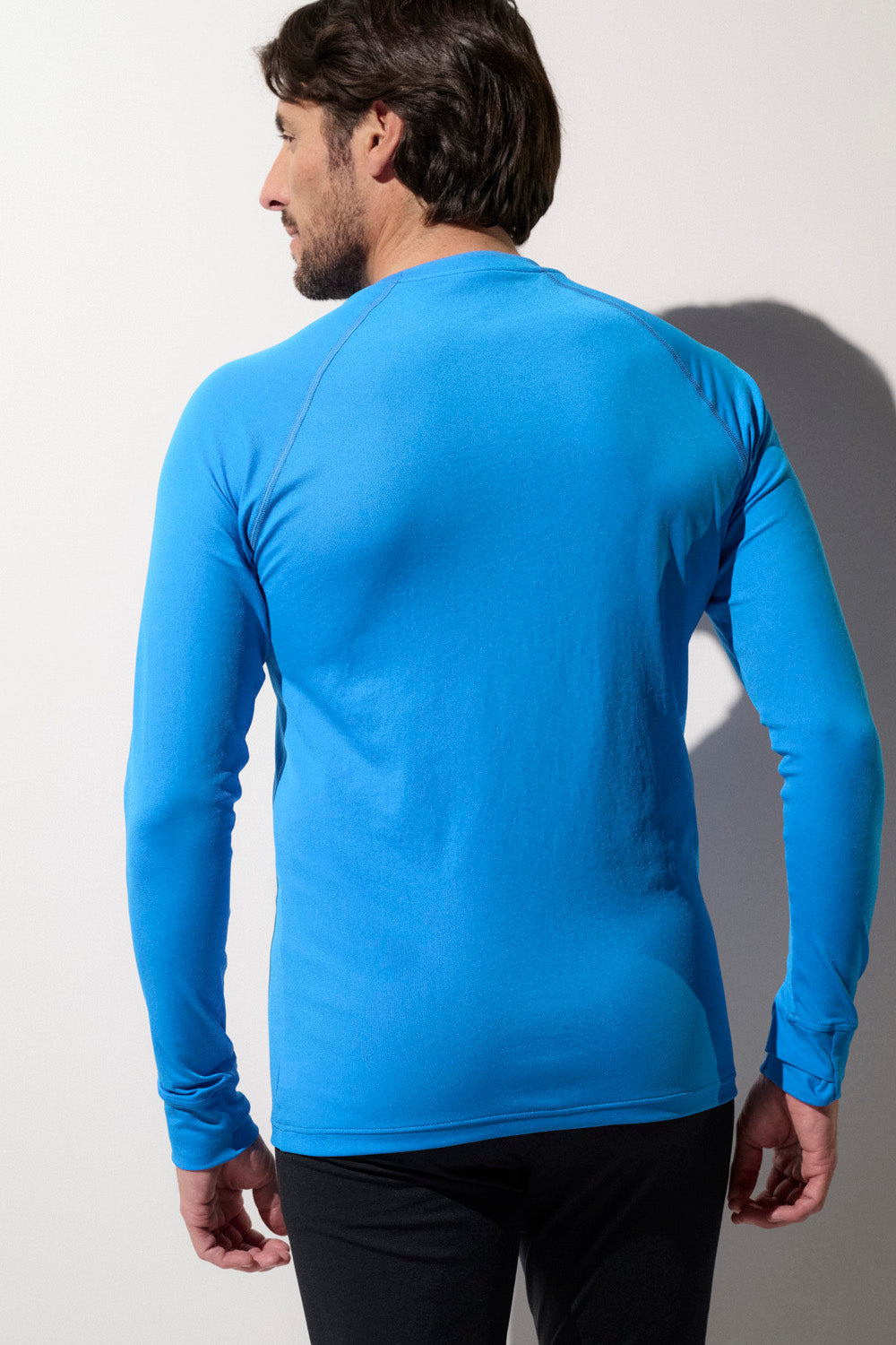T-shirt de bain anti-UV bleu pour homme, manches longues, UPF 50+, idéal pour activités aquatiques.