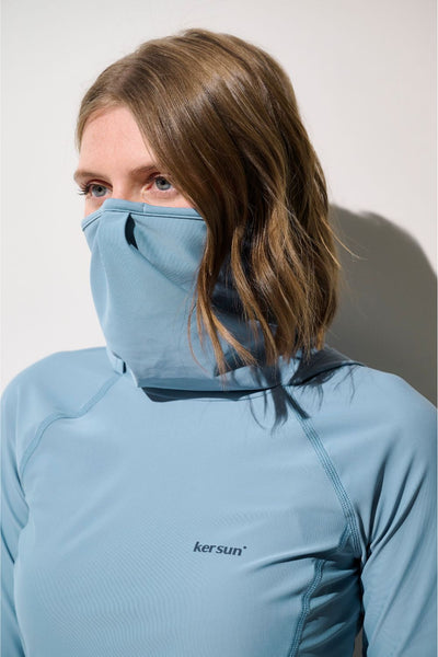 T-shirt de bain anti-UV - Galápagos bleu pour femme, protection solaire UPF 50+ avec capuche et masque.