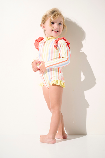 Maillot de bain anti-UV manches longues - Flores, rayé, UPF 50+, pour fille, idéal pour les journées à la plage.
