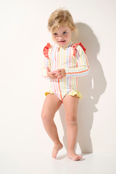 Maillot de bain anti-UV manches longues - Flores pour fille, rayé, UPF 50+, idéal pour jouer à la plage.