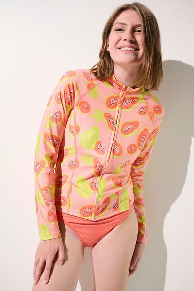 Veste de bain anti-UV à manches longues, motifs de papaye, idéale pour la plage et la protection solaire.