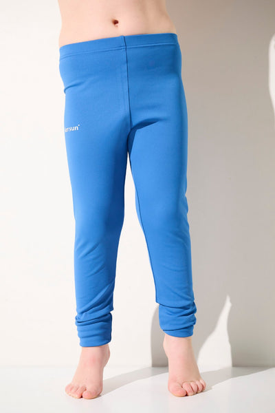 Legging de bain anti-UV bleu pour enfant, léger, UPF 50+, idéal pour la plage et les activités aquatiques.