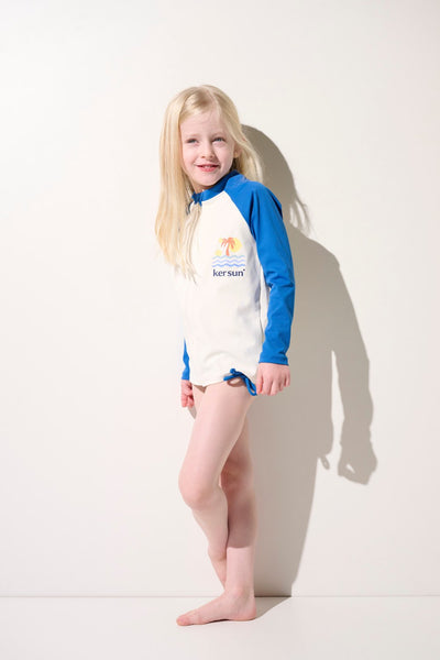 Veste de bain anti-UV - Fidji pour enfant, manches longues, légère, UPF 50+, couleur bleu et blanc, protection solaire.