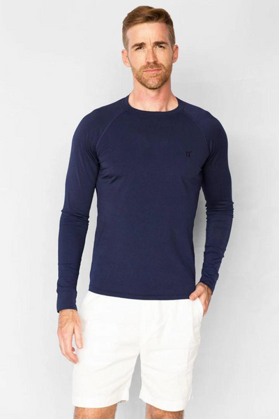 T-shirt de bain anti-UV pour homme, manches longues, UPF 50+, couleur marine, idéal pour les activités aquatiques.