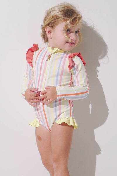 Maillot de bain anti-UV manches longues - Flores pour fille, rayé, avec détails colorés, protection solaire UPF 50+.