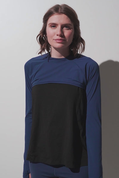 Shrug anti-UV - Sequoia, haut anti-UV bleu et noir pour femme, léger et élégant, idéal pour activités de plein air.