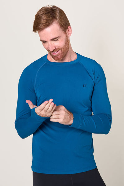 T-shirt de bain anti-UV bleu pour homme, manches longues, tissu léger et respirant, certifié UPF 50+.